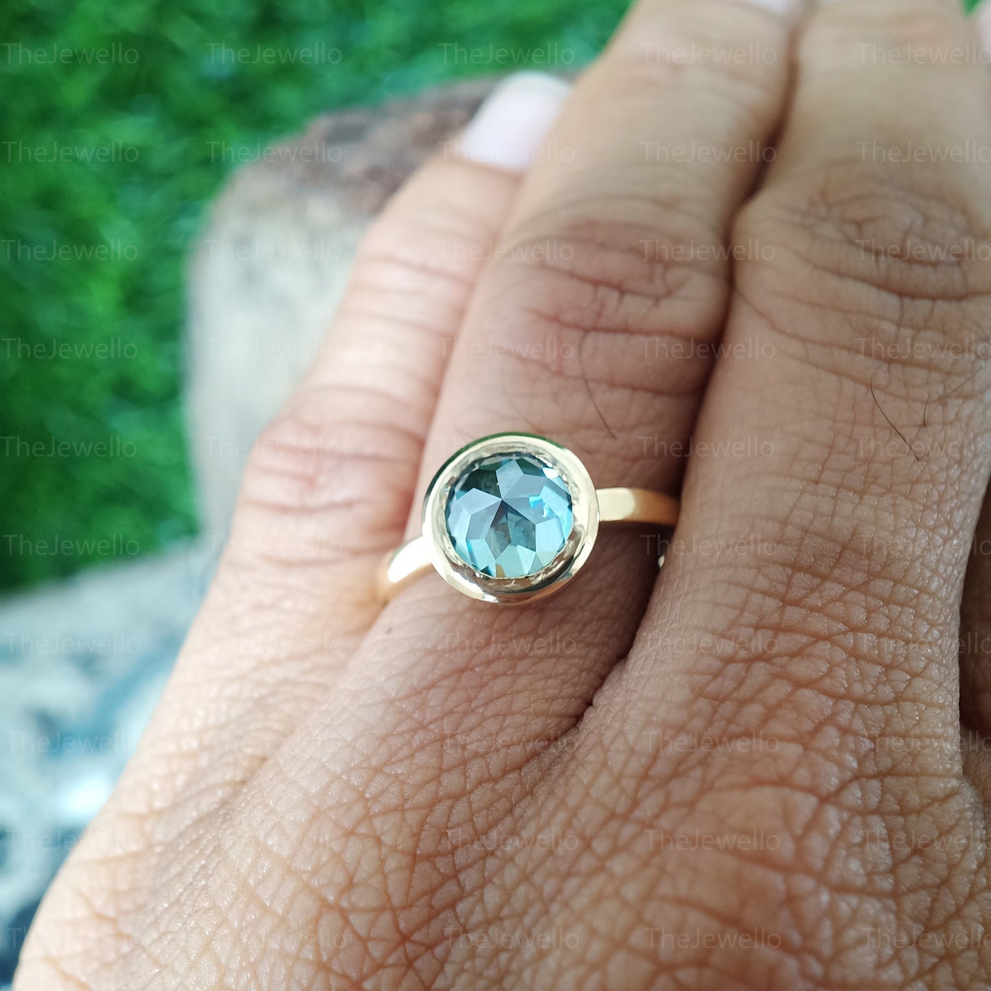 Blue Green Moissanite Ring, Round Rose Cut Moissanite Engagement Ring, Solitaire Signature Bezel Set Ring in Solid Yellow Gold