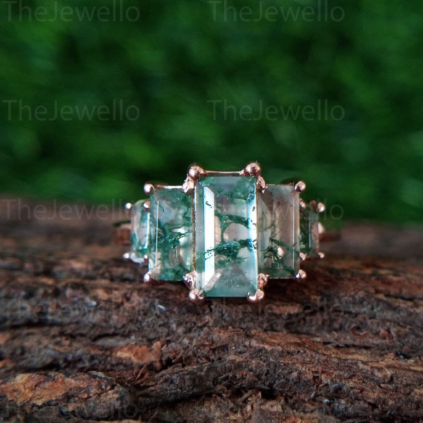 Emerald Moss agate Engagement Ring / rose Gold Vintage Engagement Ring / Unique baguette Cut mossagate Ring / Green Agate Bridal Ring