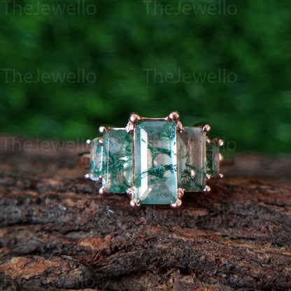 Emerald Moss agate Engagement Ring / rose Gold Vintage Engagement Ring / Unique baguette Cut mossagate Ring / Green Agate Bridal Ring