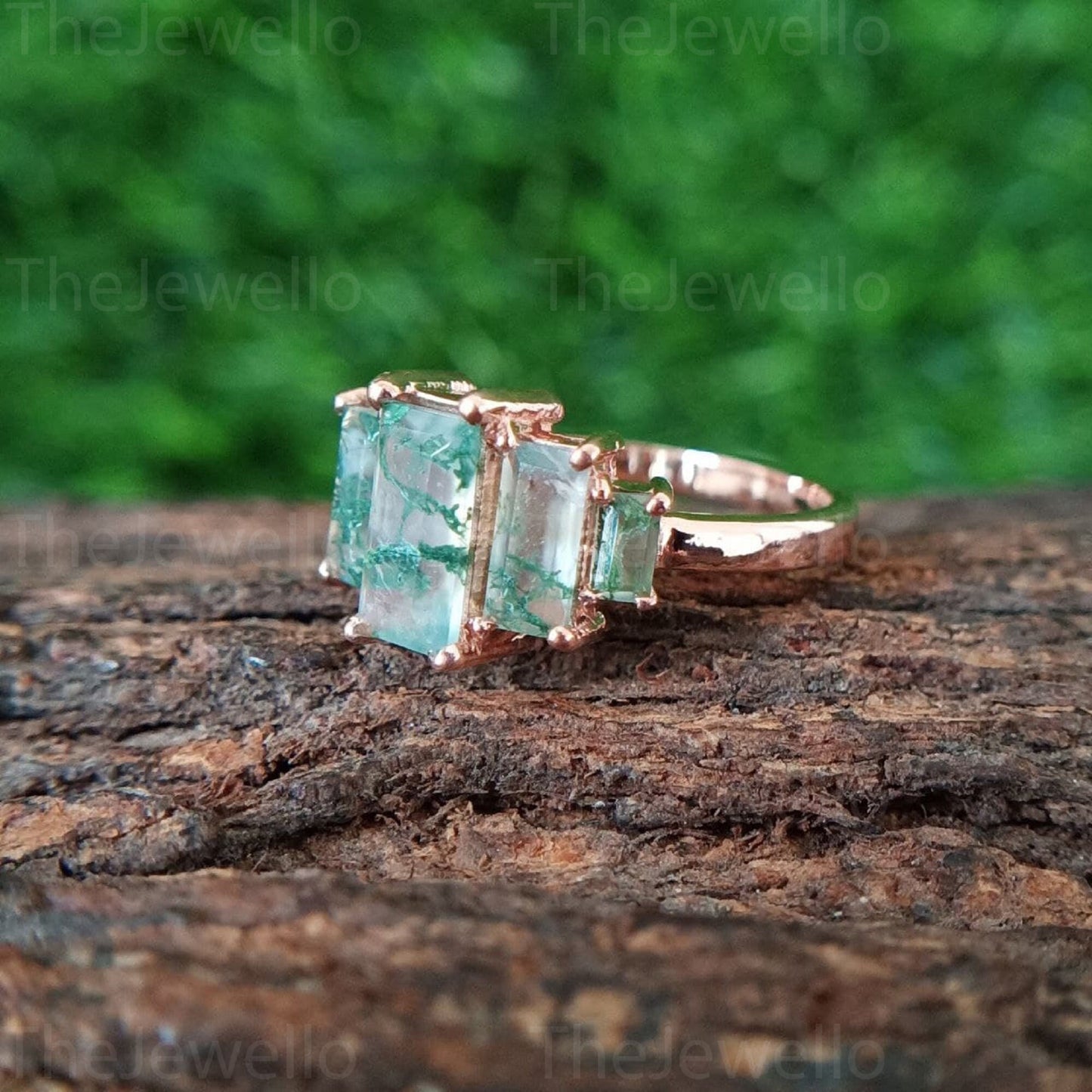 Emerald Moss agate Engagement Ring / rose Gold Vintage Engagement Ring / Unique baguette Cut mossagate Ring / Green Agate Bridal Ring