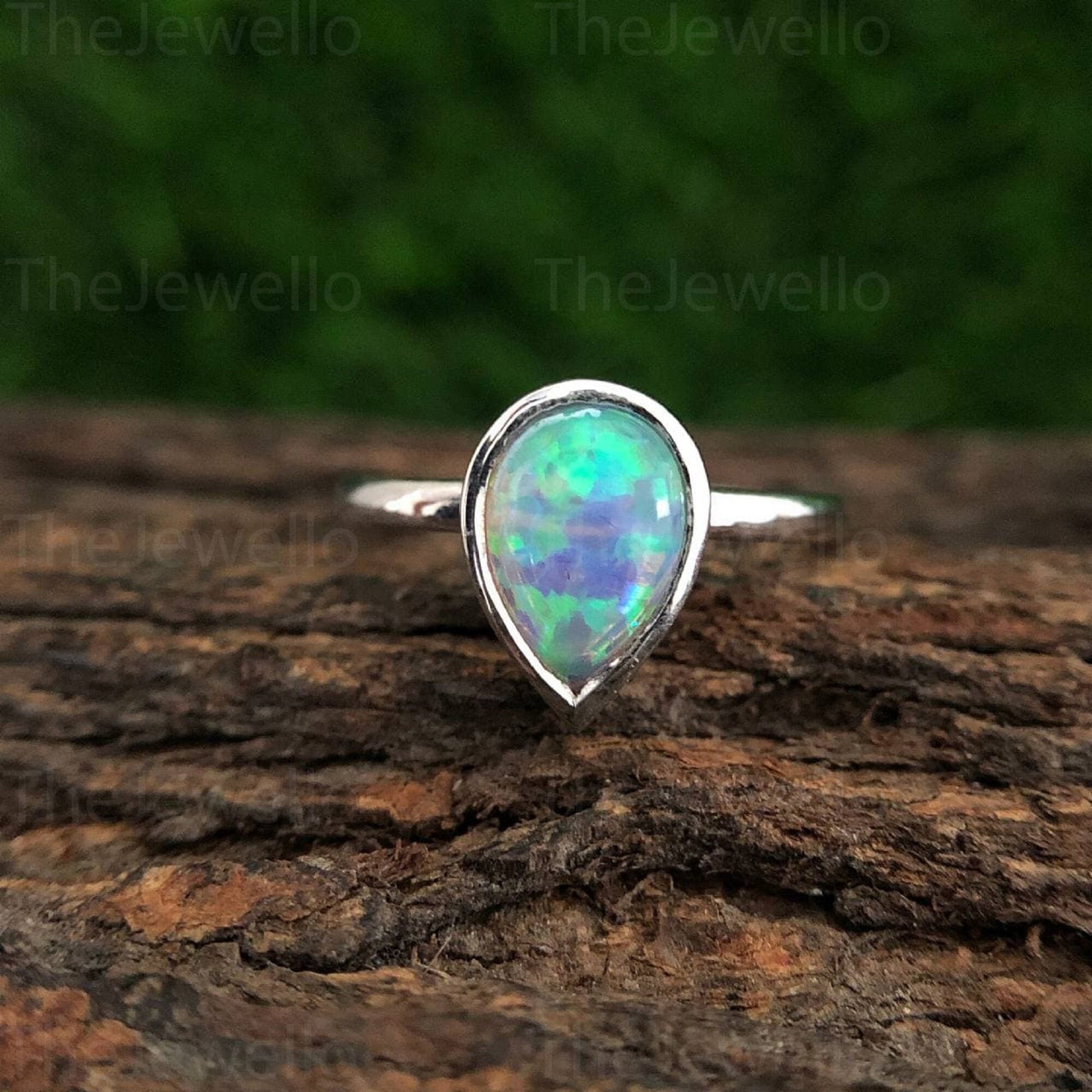 October Birthstone Ring, 2.50ct Pear Shaped Natural Opal Engagement Ring Set, Vintage Unique White Gold Wedding Ring, Birthstone Women Ring