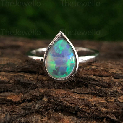 October Birthstone Ring, 2.50ct Pear Shaped Natural Opal Engagement Ring Set, Vintage Unique White Gold Wedding Ring, Birthstone Women Ring