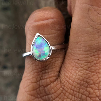 October Birthstone Ring, 2.50ct Pear Shaped Natural Opal Engagement Ring Set, Vintage Unique White Gold Wedding Ring, Birthstone Women Ring