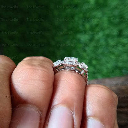 Three Stone Round Moissanite Ring Round Halo Style Engagement Ring Solid Real White Gold 3 Stone Ring Wedding Anniversary Ring