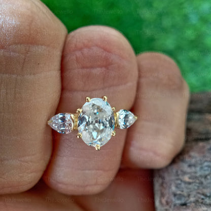 3.00CTW Oval Old European Cut Colorless Moissanite Ring Three Stone Oval OEC Ring Side Pear Yellow Gold Engagement Ring