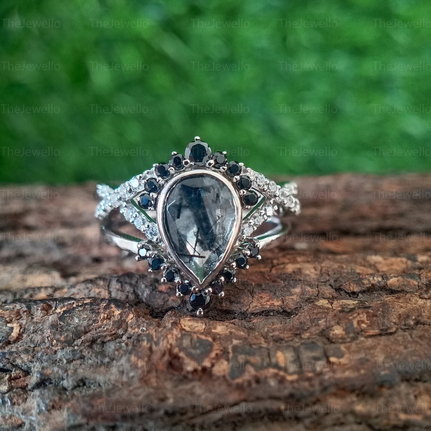 Black Rutilated Quartz Engagement Ring Set- Black Onyx Wedding Ring Set- Natural Quartz Ring- April Birthstone- - Anniversary Gift For Her