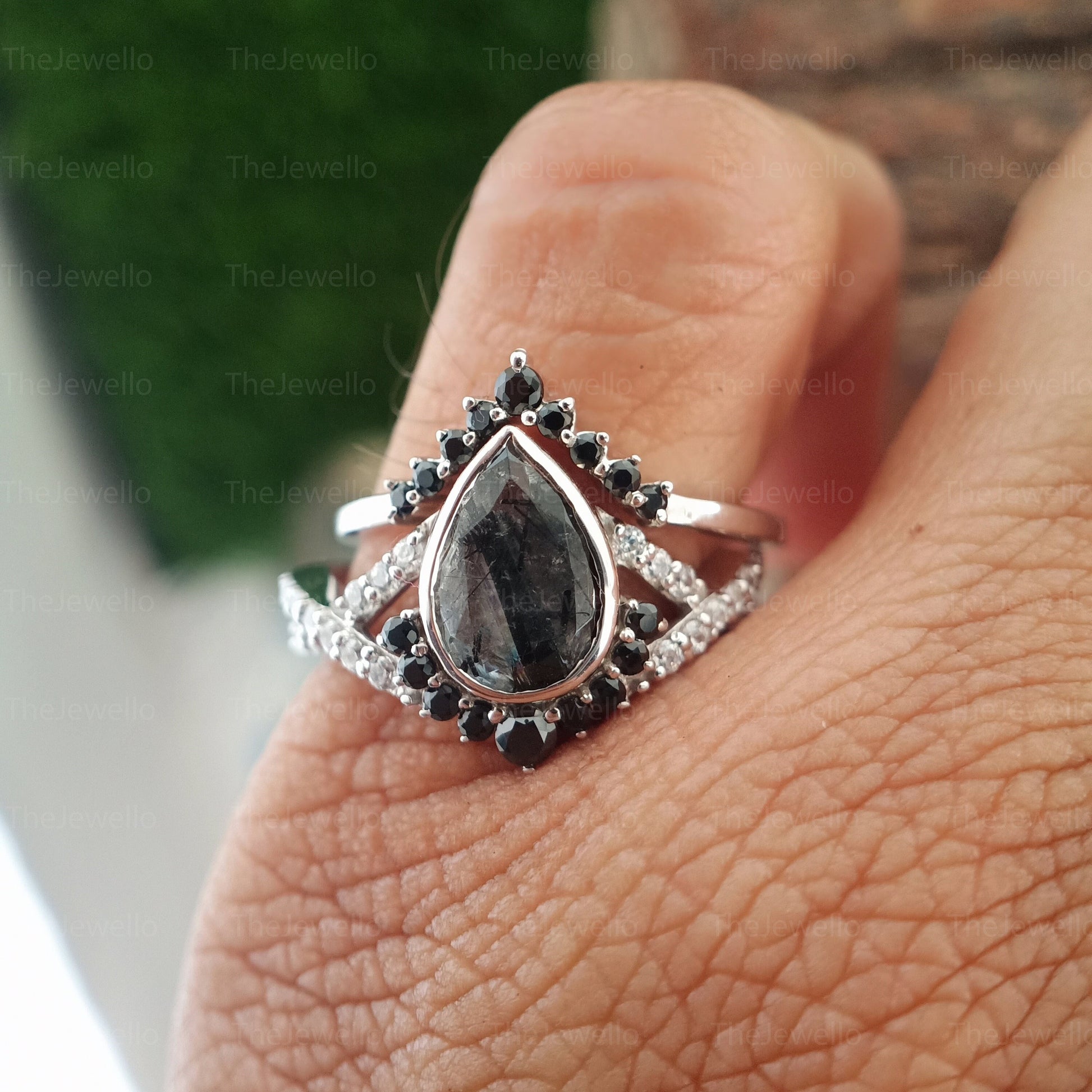 Black Rutilated Quartz Engagement Ring Set- Black Onyx Wedding Ring Set- Natural Quartz Ring- April Birthstone- - Anniversary Gift For Her