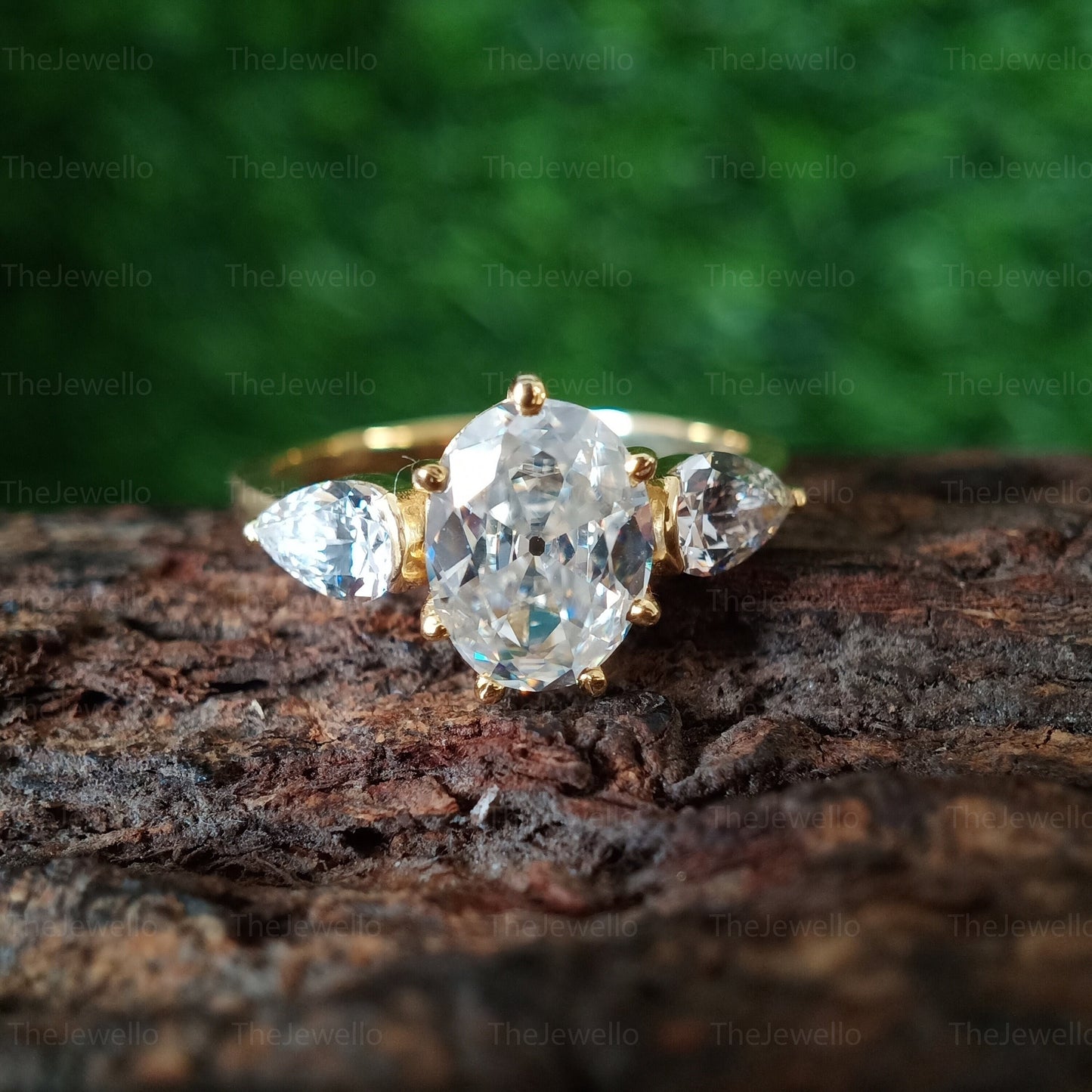 3.00CTW Oval Old European Cut Colorless Moissanite Ring Three Stone Oval OEC Ring Side Pear Yellow Gold Engagement Ring