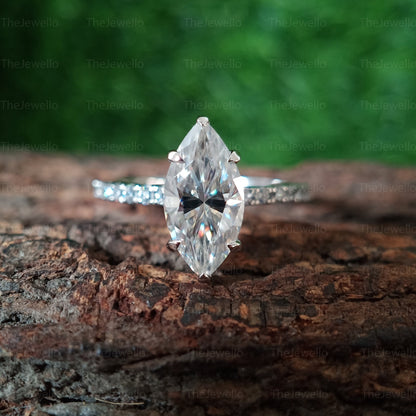 1.60Ct Marquise Engagement Ring Solitaire Round Accent White Gold Marquise Cut Moissanite Ring Anniversary Gift Ring