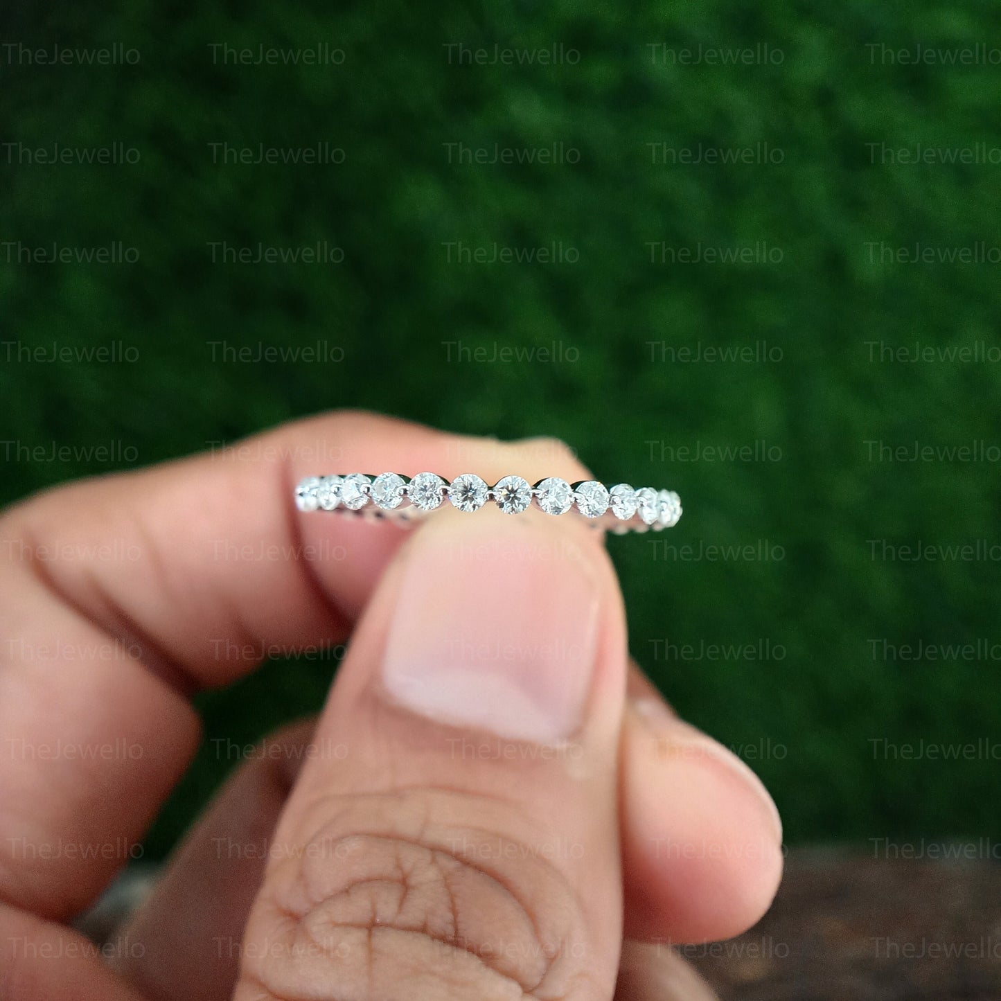 2.00MM Round Colorless Moissanite Wedding Band Full Eternity Band Minimalist Moissanite Band Bubble Prong Set Matching Bridal Ring Set