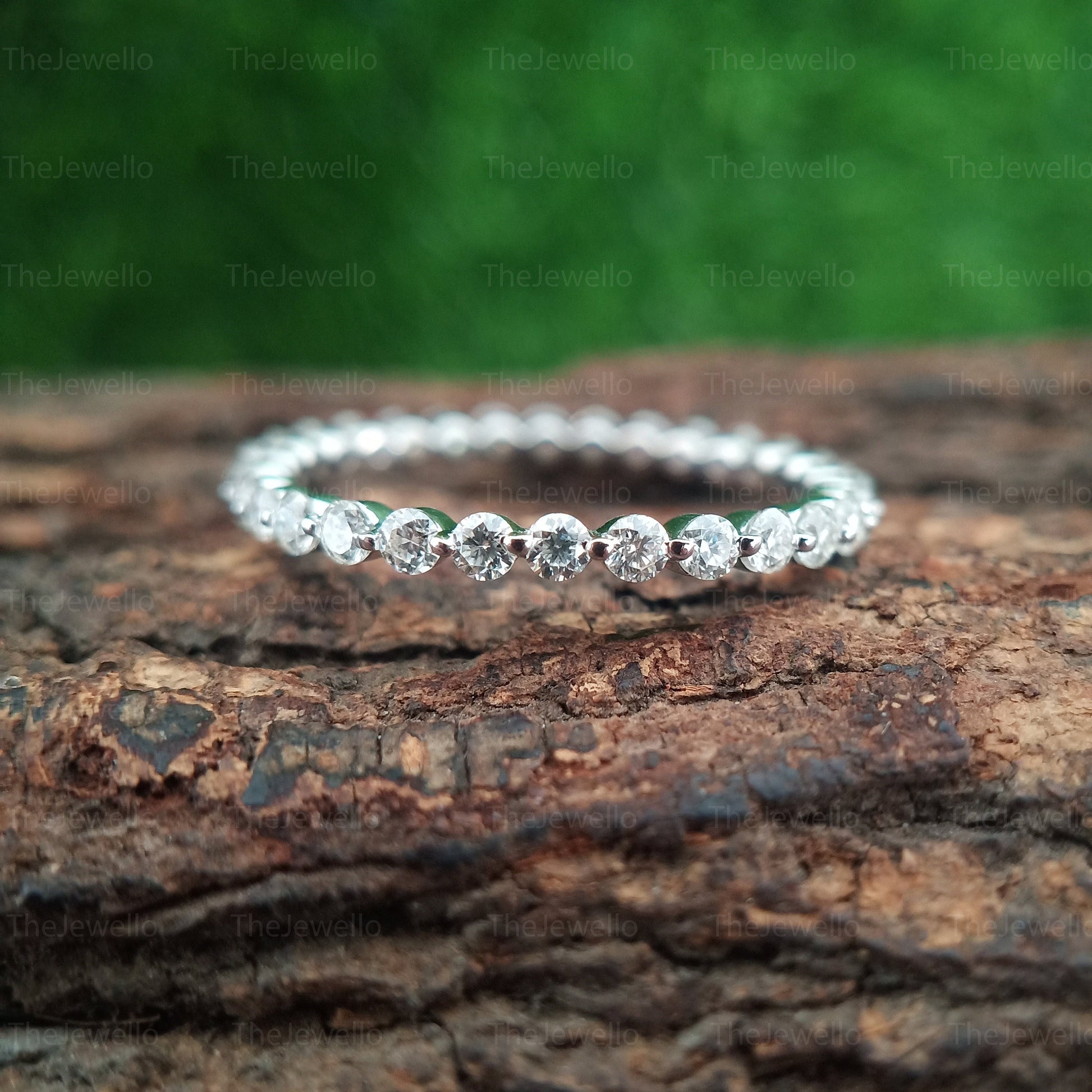 2.00MM Round Colorless Moissanite Wedding Band Full Eternity Band Minimalist Moissanite Band Bubble Prong Set Matching Bridal Ring Set