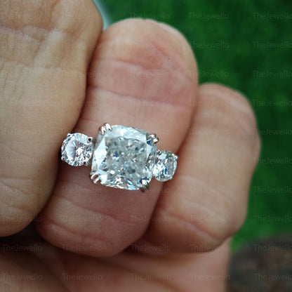 2.20Ct Cushion Three Stone Moissanite Ring Round Side Stone Moissanite Engagement Ring 3 Stone 950 Platinum Cushion Cut Ring