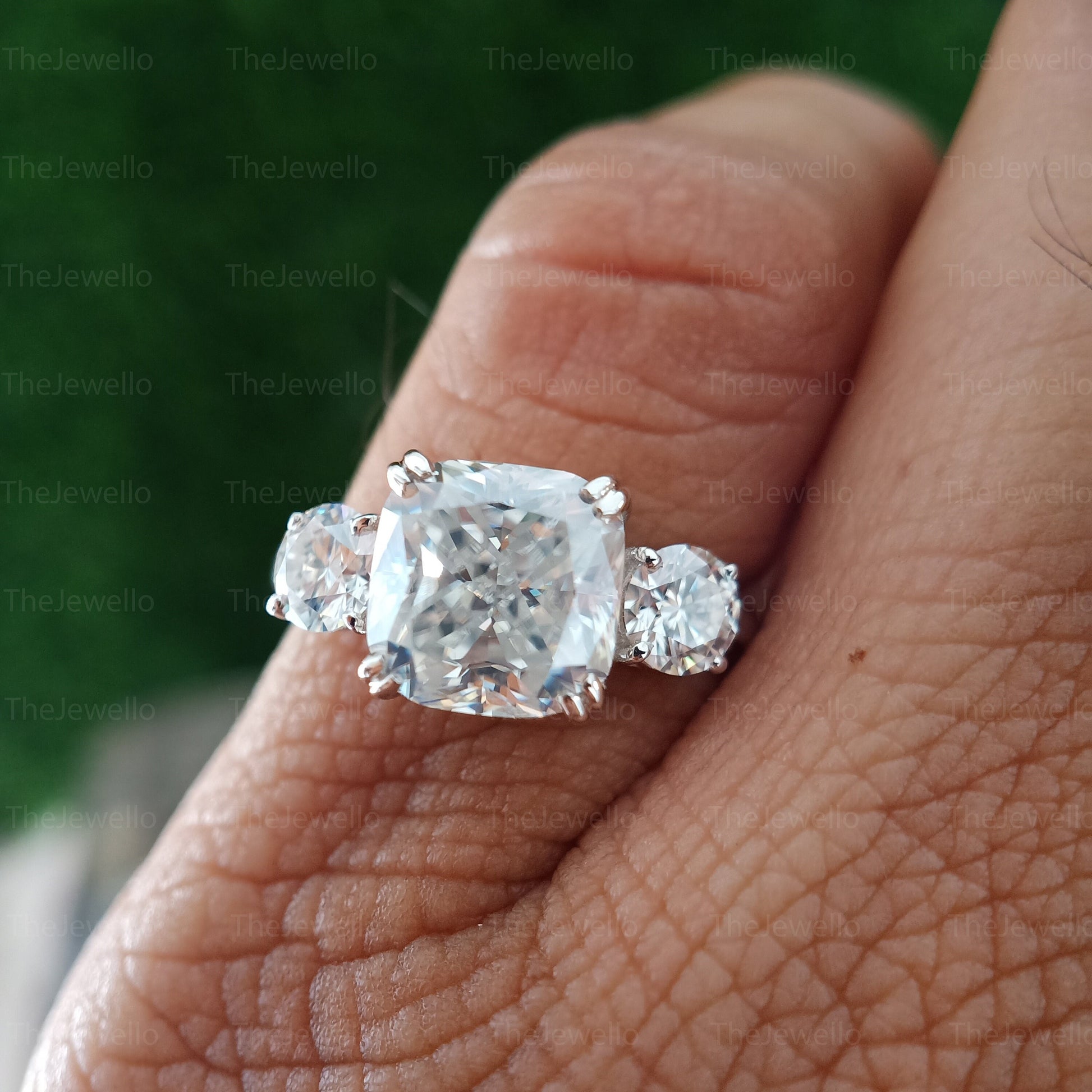 2.20Ct Cushion Three Stone Moissanite Ring Round Side Stone Moissanite Engagement Ring 3 Stone 950 Platinum Cushion Cut Ring