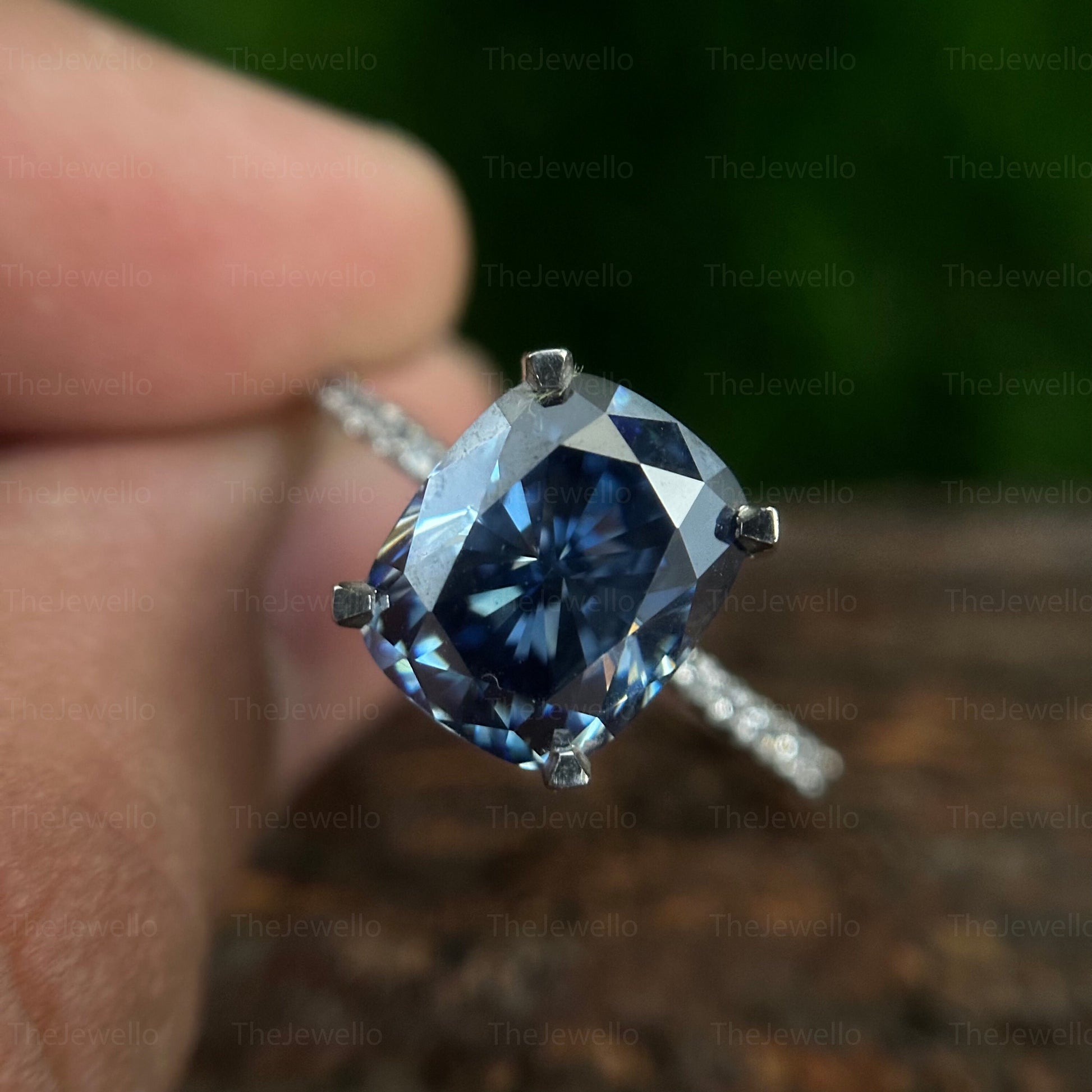 Elongated Cushion Moissanite Ring, Royal Blue Cushion Cut Moissanite Engagement Ring, 950 Platinum Womens Ring