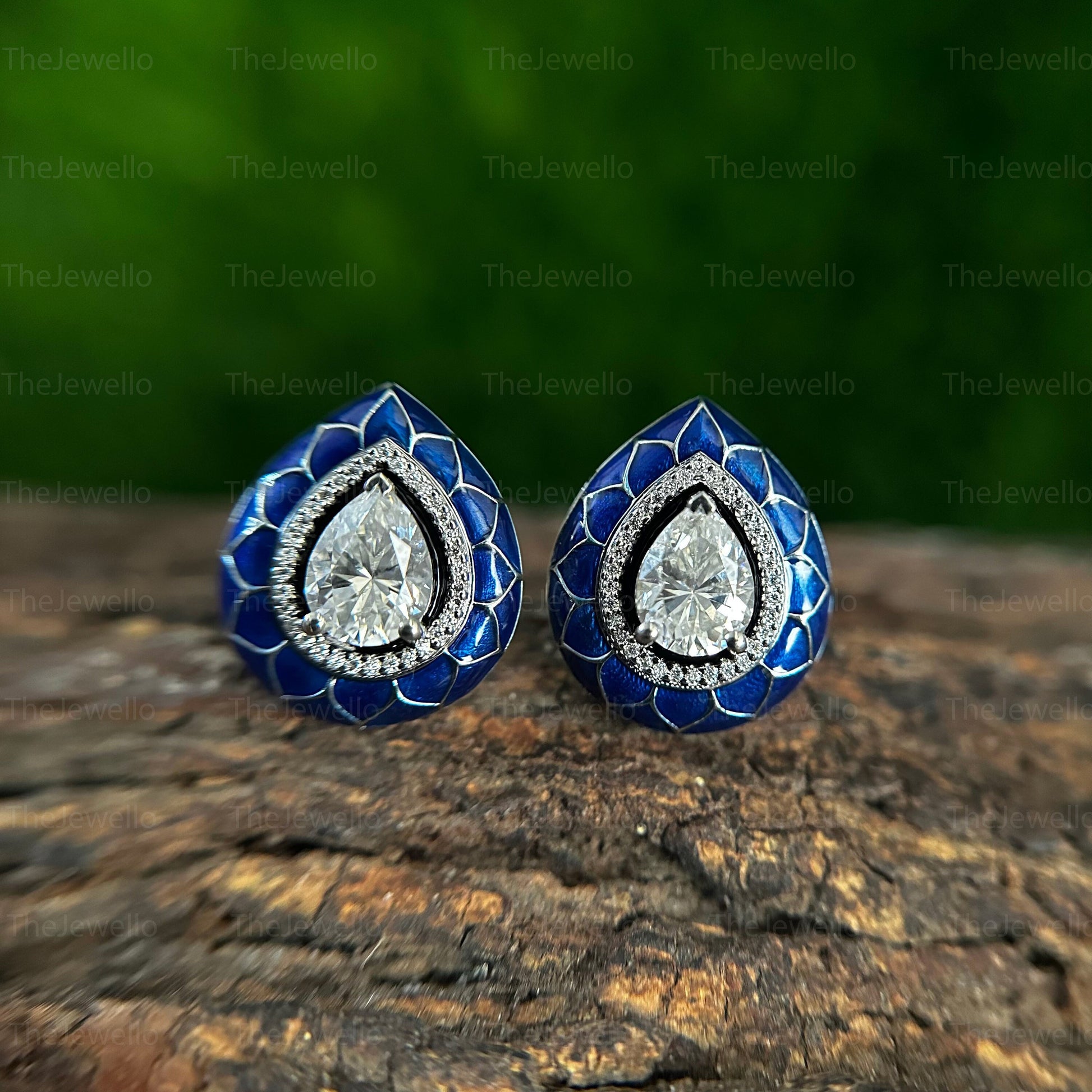 Unique Moissanite Blue Enamel Earrings Pear Shaped Halo Moissanite Earrings Stud 14k White Gold Earrings Daily Wear Earrings