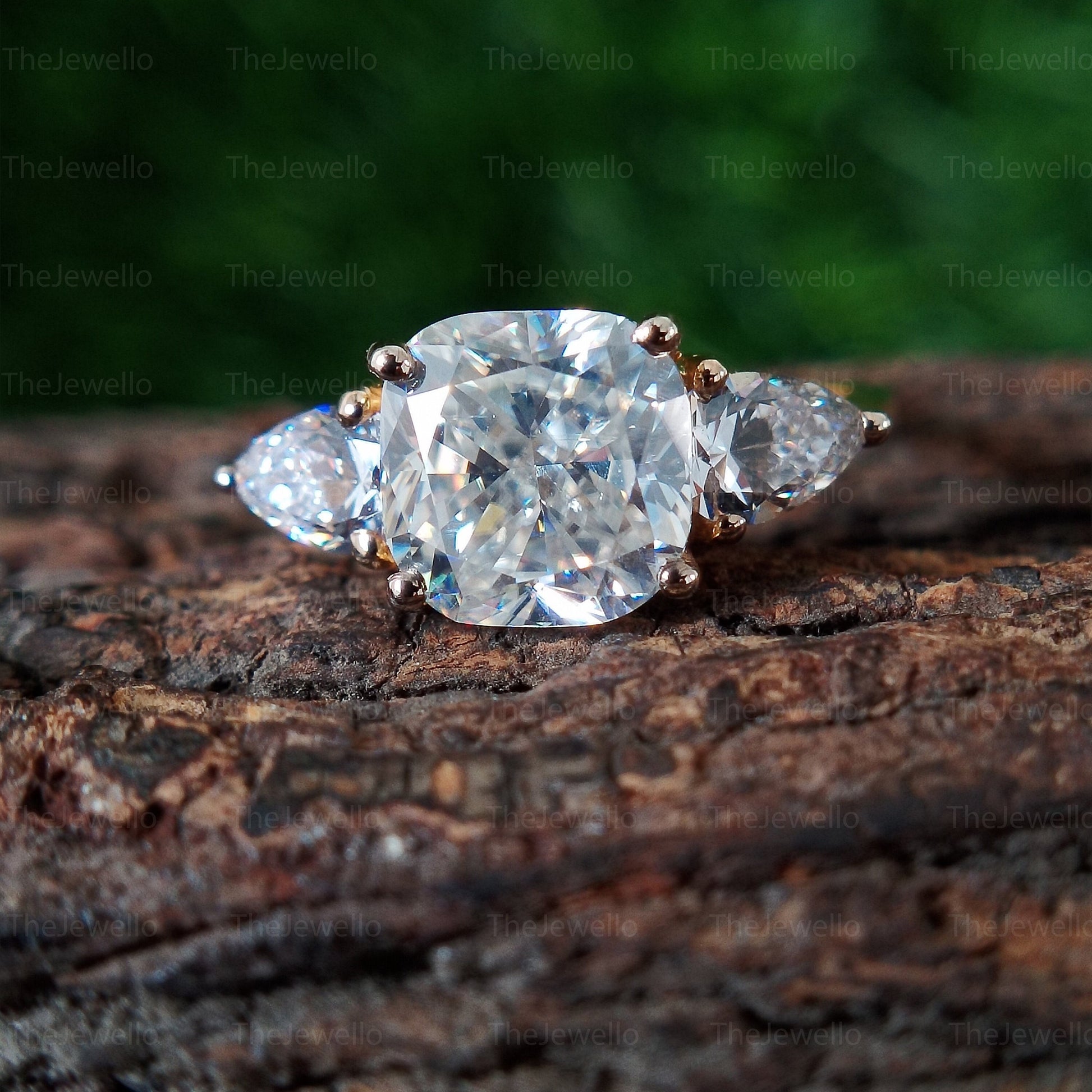 2.20Ct Cushion Moissanite Ring Three Stone Yellow Gold Engagement Ring Cushion Pear Moissanite Trilogy Ring