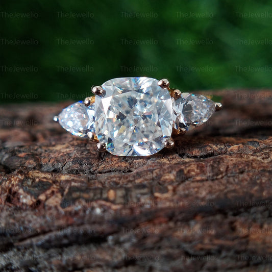 2.20Ct Cushion Moissanite Ring Three Stone Yellow Gold Engagement Ring Cushion Pear Moissanite Trilogy Ring