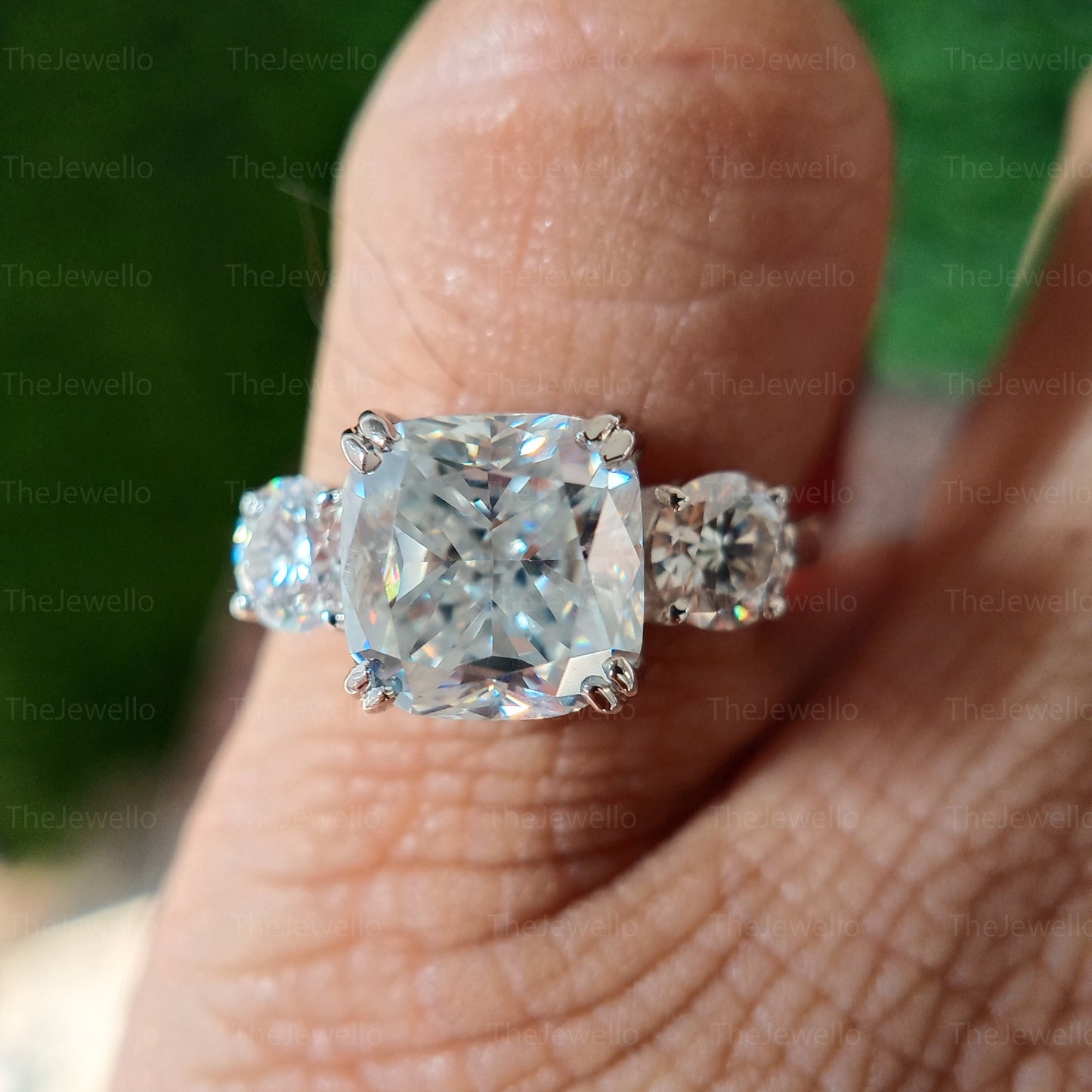 2.20Ct Cushion Three Stone Moissanite Ring Round Side Stone Moissanite Engagement Ring 3 Stone 950 Platinum Cushion Cut Ring