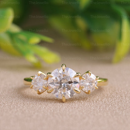 Three Stone Round Moissanite Engagement Ring Trilogy Solid Yellow Gold Moissanite Ring Pointed knife Edge Prong Set Ring