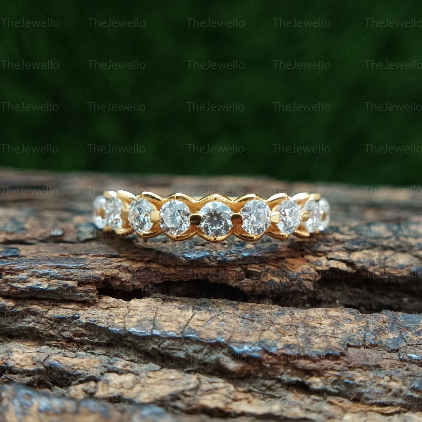 Unique Half Eternity Round Cut Moissanite Matching Wedding Band, Vintage Solitaire Yellow Gold Ring, Stackable Band For Women