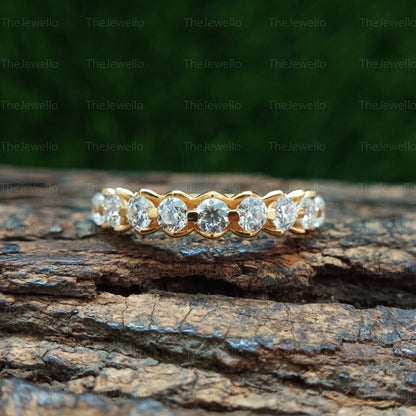 Unique Half Eternity Round Cut Moissanite Matching Wedding Band, Vintage Solitaire Yellow Gold Ring, Stackable Band For Women