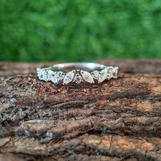 Alternating Moissanite Band, 0.75 TCW Marquise and Round Cut Moissanite Wedding Band, Art Deco Half Eternity Band, Stackable Band, Bridal