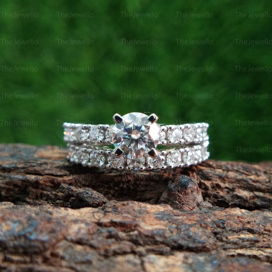 Unique Moissanite Round Cut Wedding Bridal Set Ring, Attractive Diamond Anniversary Ring, Solitaire With Accents Simulated Diamond Ring