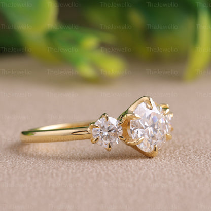 Three Stone Round Moissanite Engagement Ring Trilogy Solid Yellow Gold Moissanite Ring Pointed knife Edge Prong Set Ring