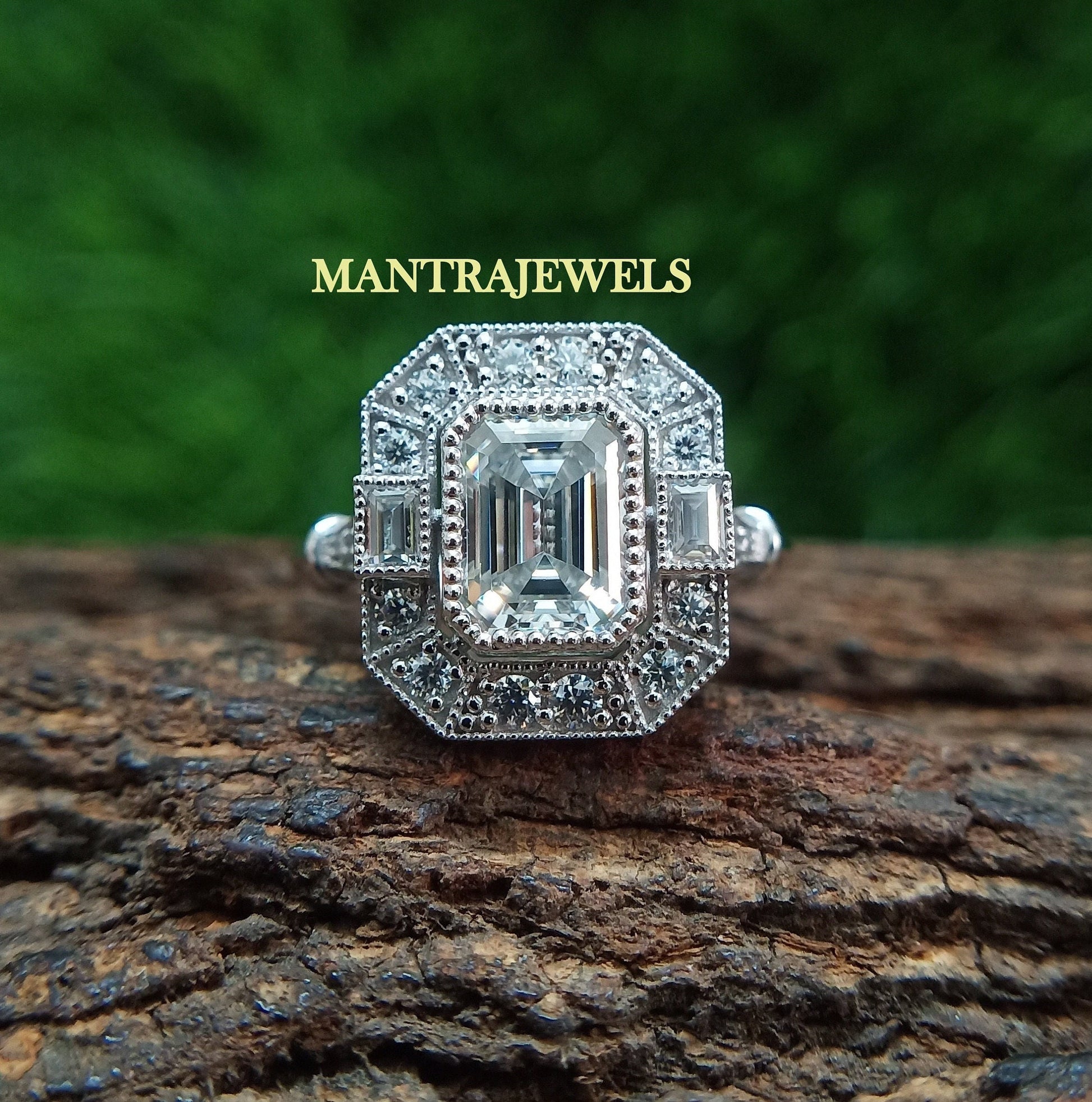 Art Deco Halo Simulated Diamond Ring, Emerald Cut Colorless Moissanite Ring, Vintage Style Customized Ring, Anniversary Ring.