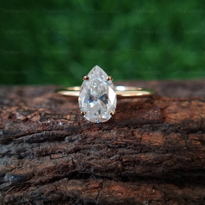 Solitaire Pear Shaped Moissanite Ring Solid Yellow Gold Pear Engagement Ring 1.40ct Pear Cut Diamond Solitaire Ring