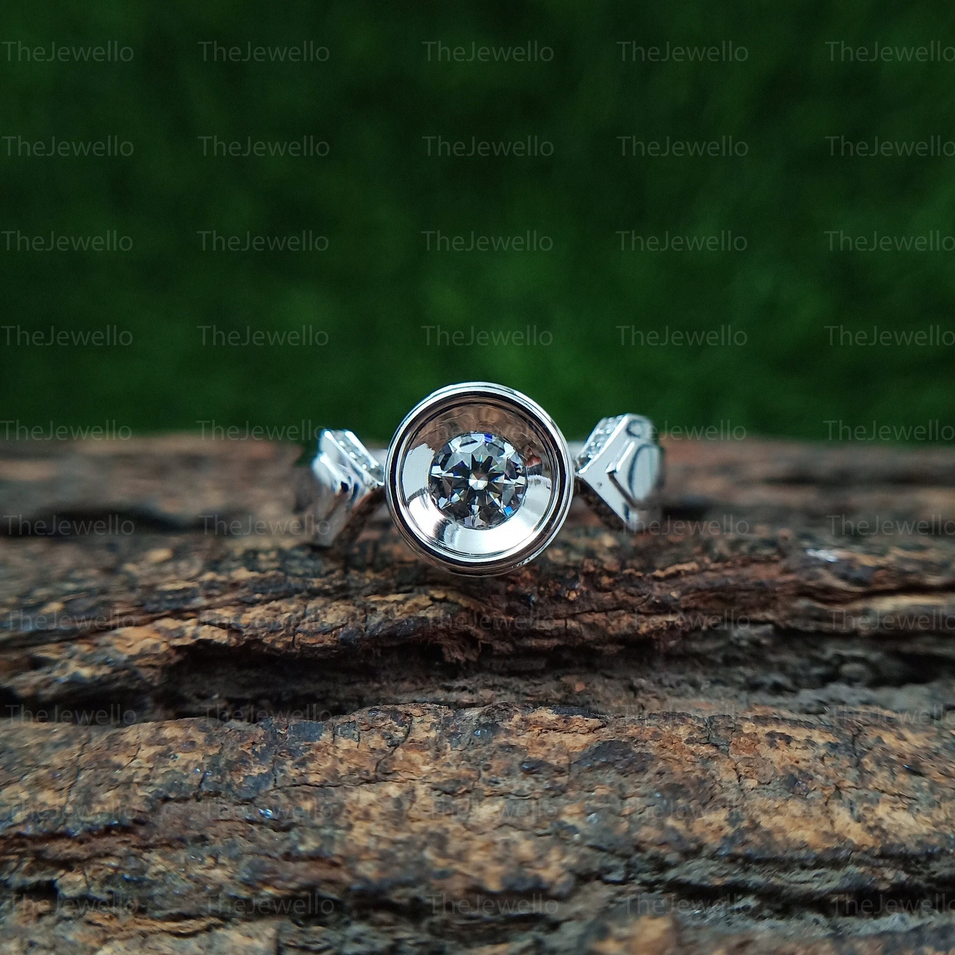 Unique Bezel Set Engagement Ring/ Round Cut Moissanite Vintage Style Ring/ Solitaire With Accents Hidden Halo Diamond Ring.