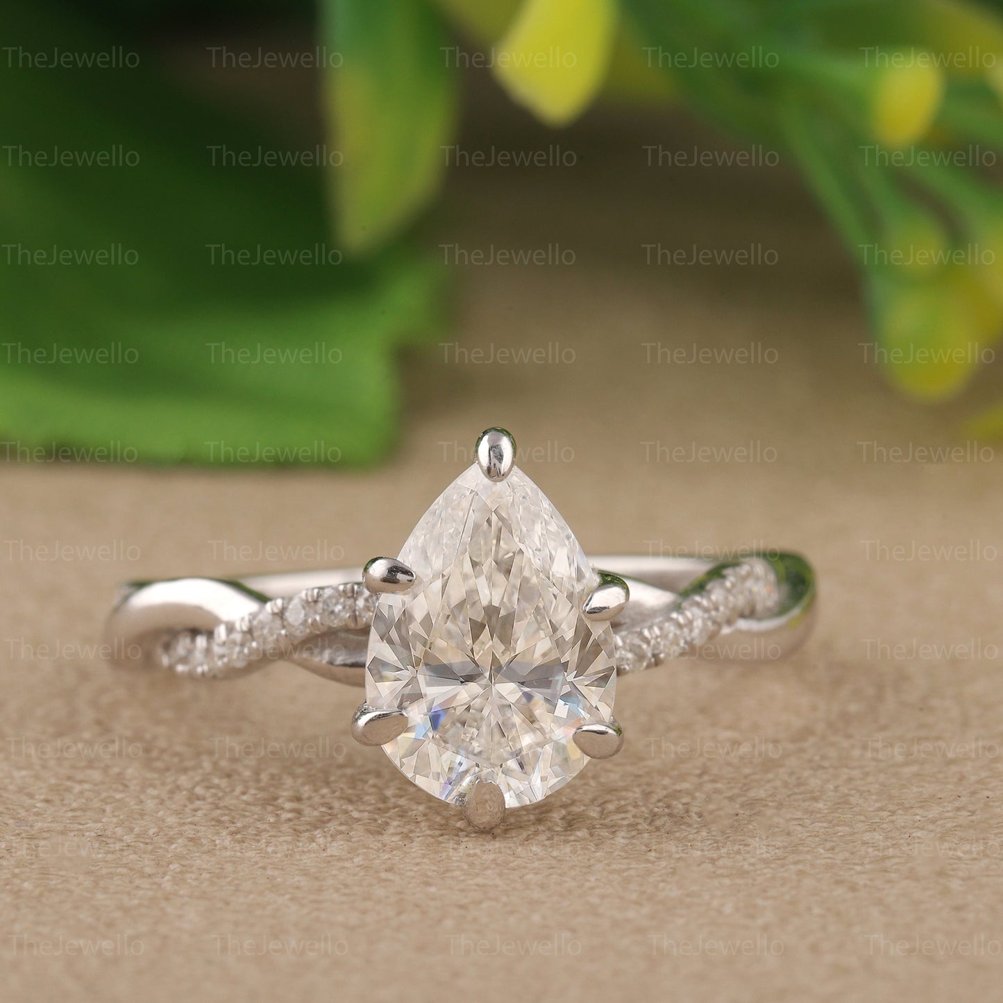 1.95Ct Pear Shaped Moissanite Engagement Ring Pear Solitaire Ring with Round Accent Ring Invisible Hidden Halo Moissanite Ring