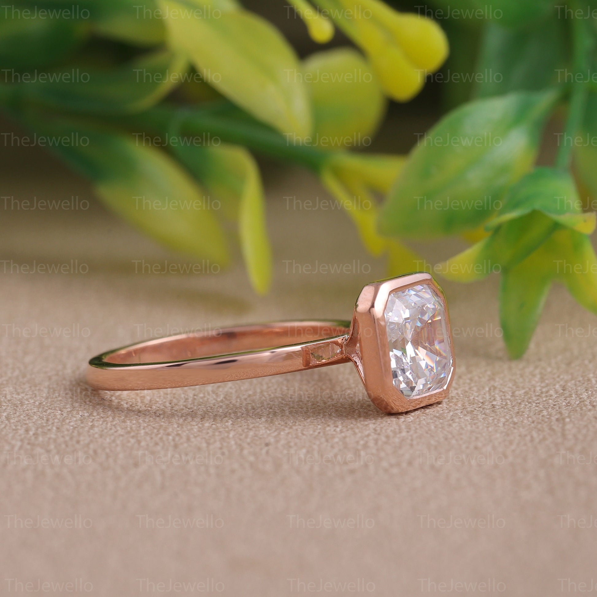 Solitaire Asscher Moissanite Ring Bezel Set Asscher Cut Moissanite Engagement Ring Solid Rose Gold Womens Ring