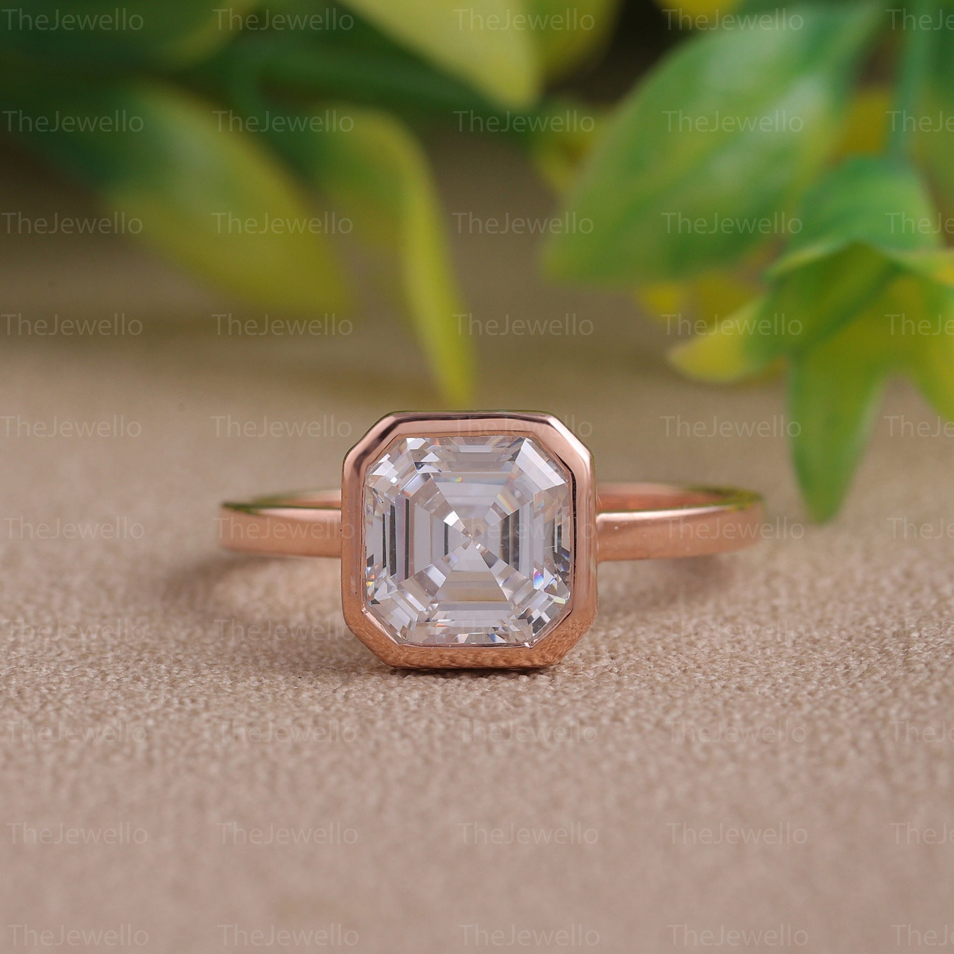 Solitaire Asscher Moissanite Ring Bezel Set Asscher Cut Moissanite Engagement Ring Solid Rose Gold Womens Ring