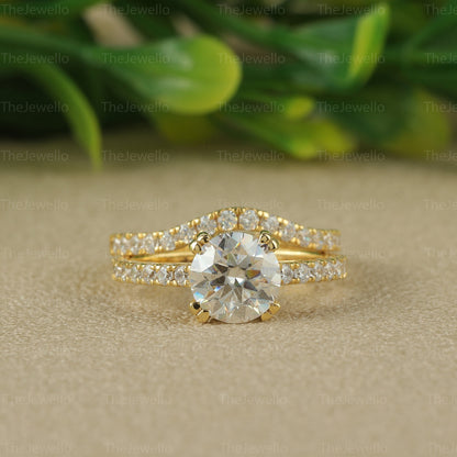 1.50ct Round Moissanite Engagement Ring Set 14K Yellow Gold Moissanite Bridal Ring Set Art Deco Moissanite Silver Wedding Ring Set