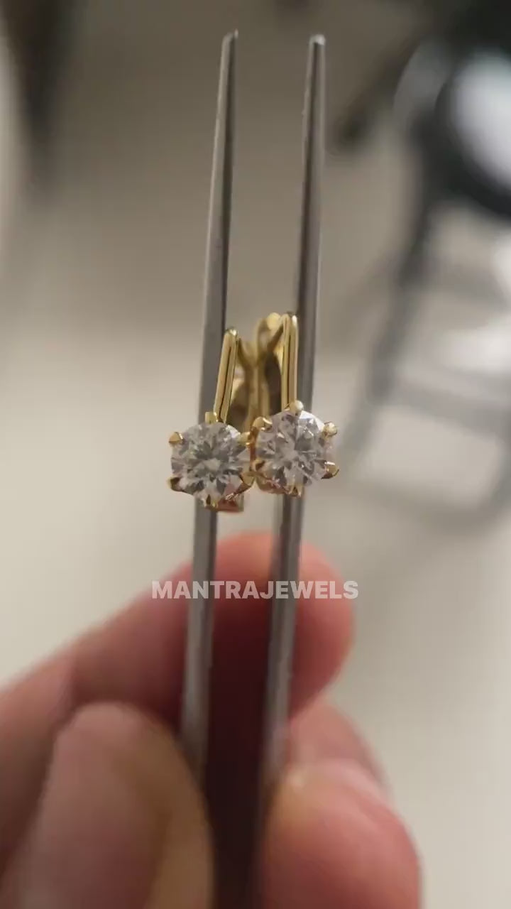 1Ct Round Moissanite Drop and Dangle Earrings, Moissanite Yellow Gold Bridal Earrings, Unique Wedding Earrings, Earrings gift for her