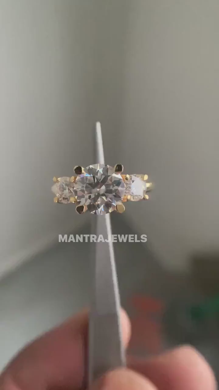 Classic Three Stone Yellow Gold Moissanite Ring/ Round Cut Moissanite 925 Sterling Silver Engagement Ring/ Exclusive Ring Gift For Love.