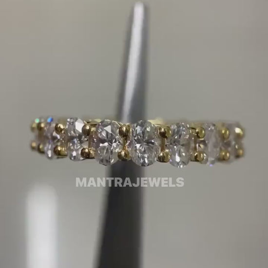 Moissanite Wedding Band, Oval cut Full Eternity Band, Yellow gold wedding band, vintage Stacking Matching bridal ring, promise ring