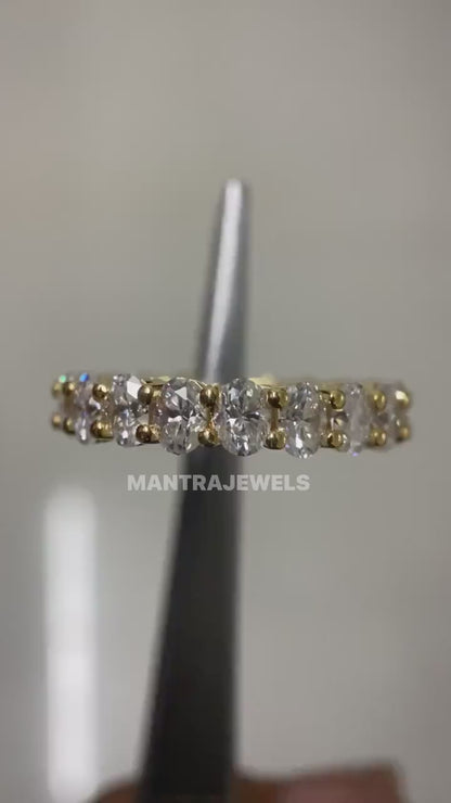 Moissanite Wedding Band, Oval cut Full Eternity Band, Yellow gold wedding band, vintage Stacking Matching bridal ring, promise ring