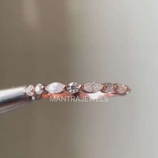 Moissanite Wedding Band, Round Marquise Cut Moissanite Diamond Bridal Band,Half Eternity Bridal Stacking band,Vintage Rose gold wedding band