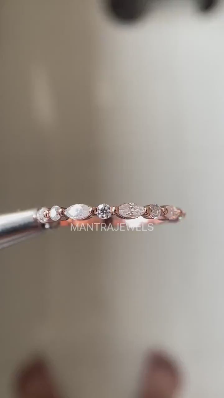 Moissanite Wedding Band, Round Marquise Cut Moissanite Diamond Bridal Band,Half Eternity Bridal Stacking band,Vintage Rose gold wedding band