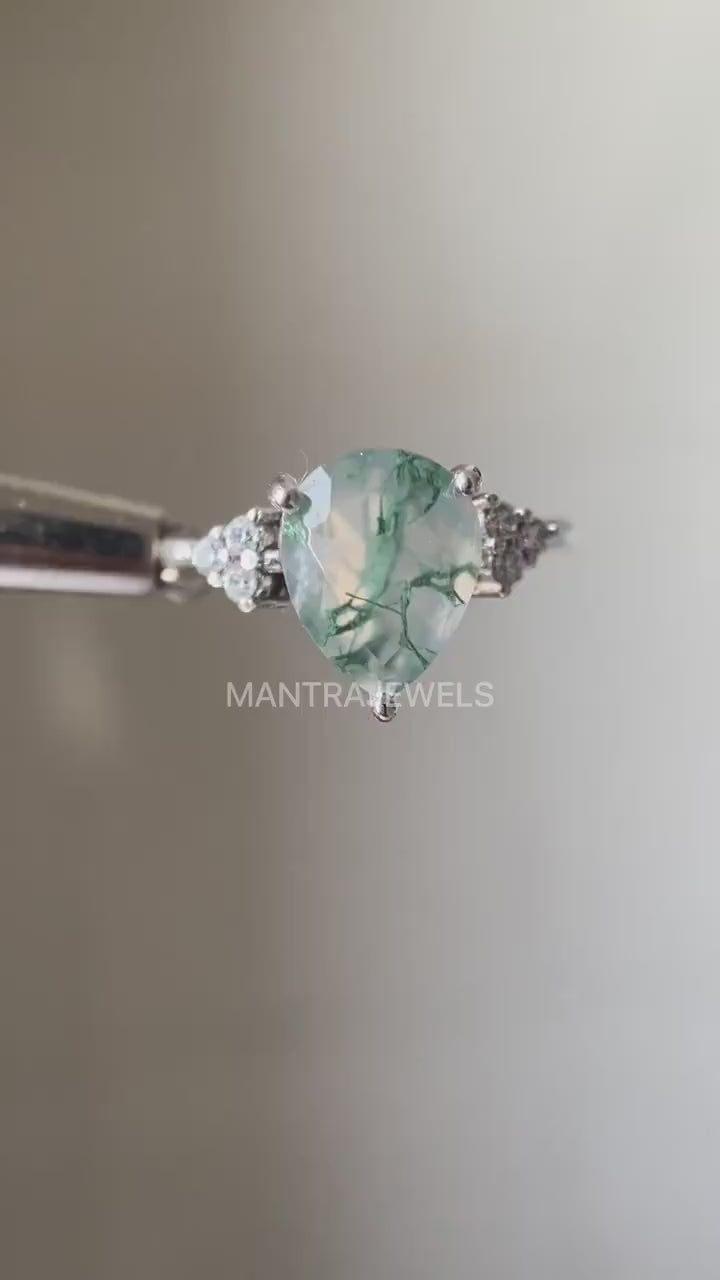 Moss Agate Engagement Ring, Pear Cut Mossagate Engagement Ring, Solitaire Accent Ring, Solid 14k White Gold Rings