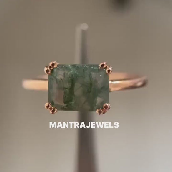 8x6MM Emerald Mossagate Ring, Solitaire Engagement Ring, Rose Gold Wedding Ring, Dainty Green Agate Ring, Daily Ring, Bridal Silver Rings