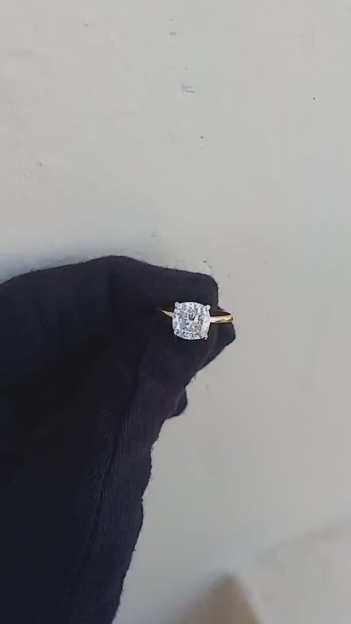 2Ct Cushion Cut Moissanite Solitaire Rings Solid 14K Yellow Gold Over Engagement Ring