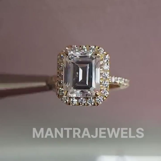 Halo Emerald Cut Colorless Moissanite Ring, Half Eternity Solid Yellow Gold Ring, Claw Prongs Engagement Ring, Beautiful Daily Wear Jewelry.