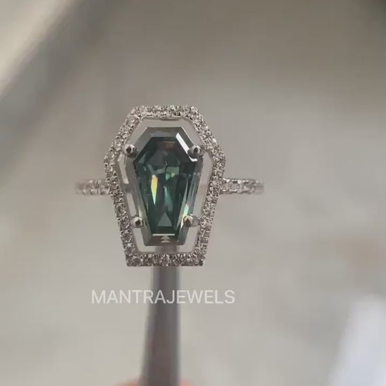 Moissanite Coffin Ring Set 3.60 Ct for Green Blue Moissanite Diamond Engagement Ring Gift for Her Halo Promise Ring