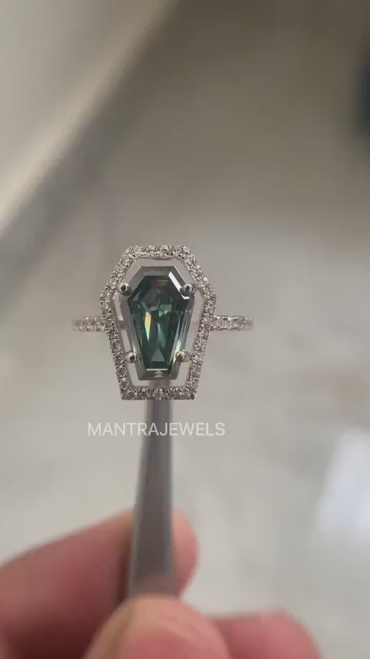 Moissanite Coffin Ring Set 3.60 Ct for Green Blue Moissanite Diamond Engagement Ring Gift for Her Halo Promise Ring