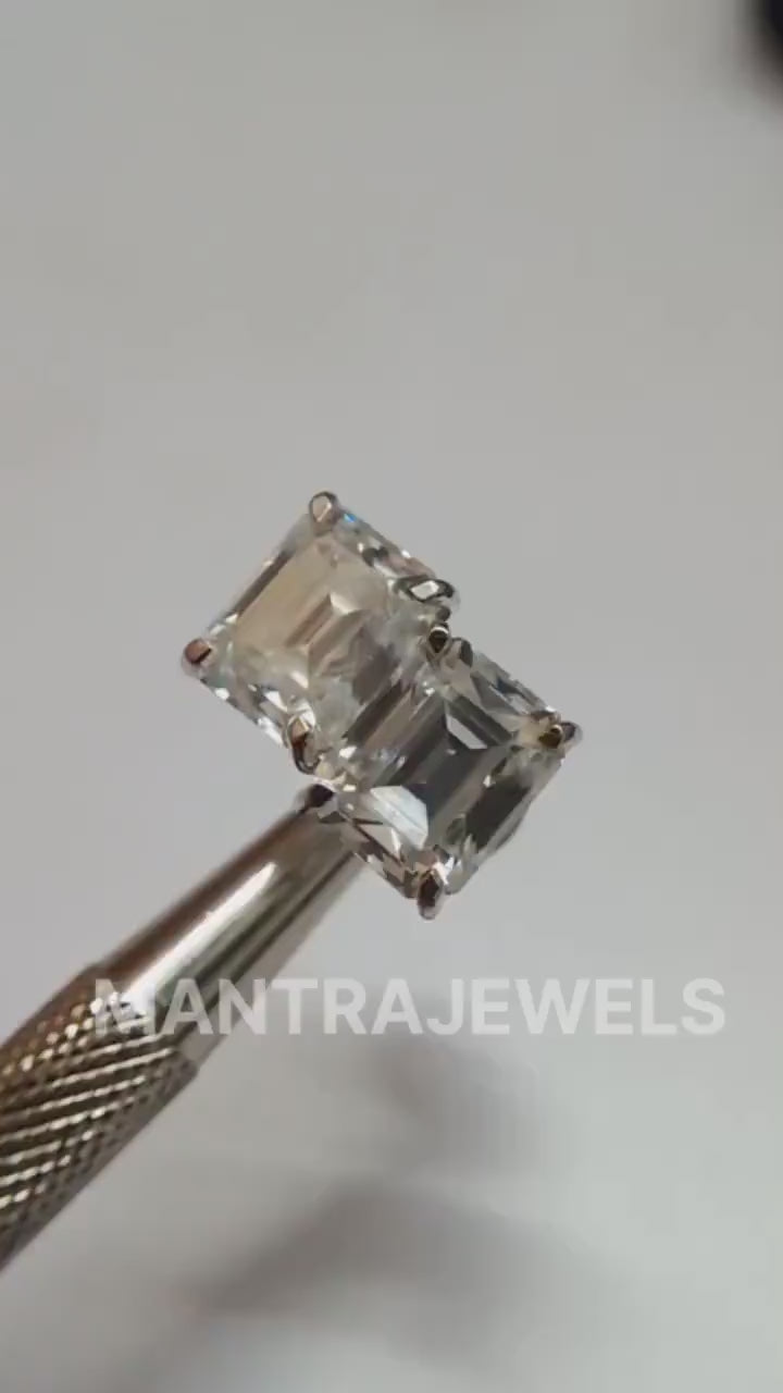 Daily Wear Emerald Cut Moissanite Earrings, Solid White Gold Screw Back Earrings, Studs Delicate Engagement Gift Earrings.