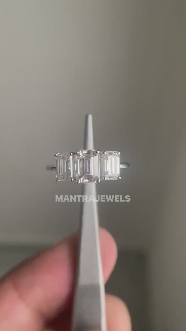 2.20 TCW Three stone engagement ring,Emerald cut moissanite ring,18k/14k yellow gold,unique,trllies set three stone ring,wedding ring,women