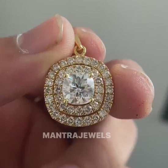 2.20 Carat Cushion Cut Moissanite Pendant/ Double Halo Moissanite Bridal Pendant/ Solid Rose/ White/ Yellow Gold Wedding Pendant.